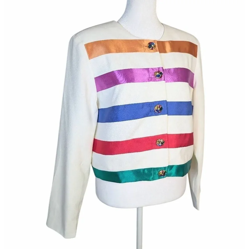 Vintage 90s Sandra OW-Wing NR1 multicolor stripe rhinestone crop jacket blazer - Picture 3 of 9